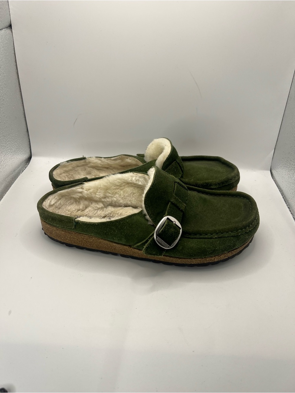 Birkenstock Olive Green Suede Shearling Clogs with Buckle - Picture 10 of 13